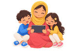 Mother learning with two children on a tablet